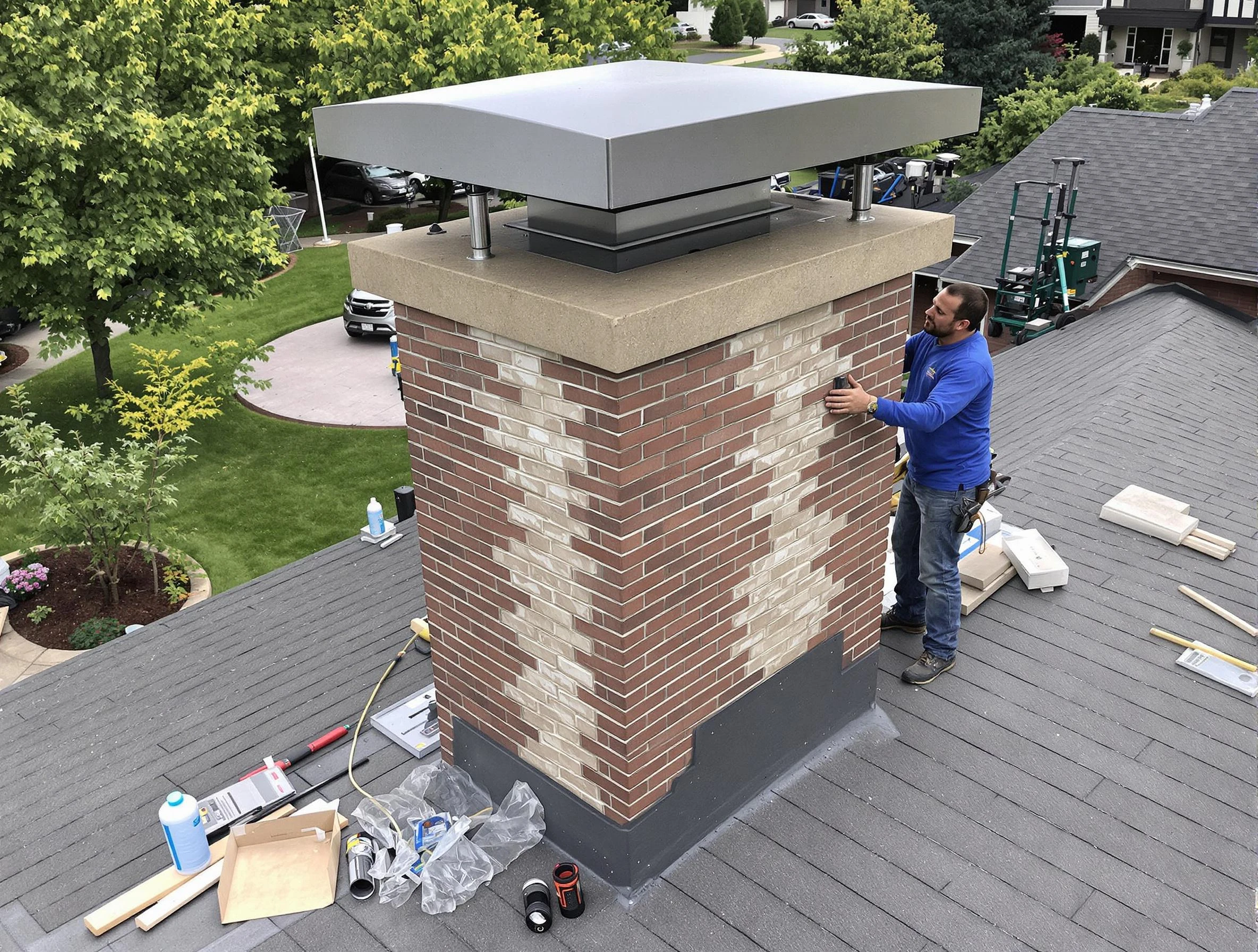 North Valley Chimney Sweep team working on a custom chimney remodel in North Valley, NM